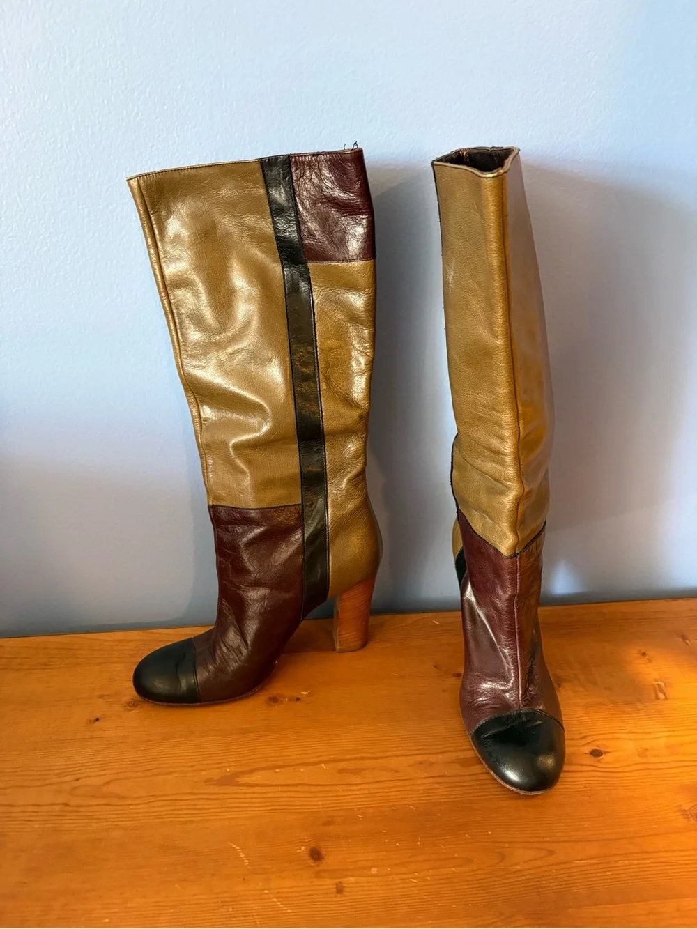 Vintage Miss Sixty Colorblock Leather Boots in Olive, Burgundy & Black